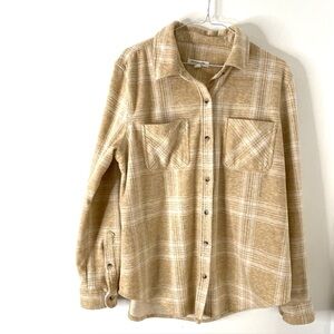 beachlunchlounge Cream Tan Plaid Button Front Shirt Cabincore